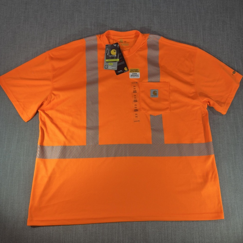 Carhartt Shirt Mens 2XL Orange Hi Vis Reflective Pocket Safety Workwear Mesh